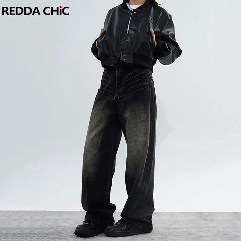 

ReddaChic Boyfriend Brushed Black Baggy Jeans Women Harajuku Retro Low Waist Whiskers Loose Fit Casual Wide Pants Y2k Streetwear