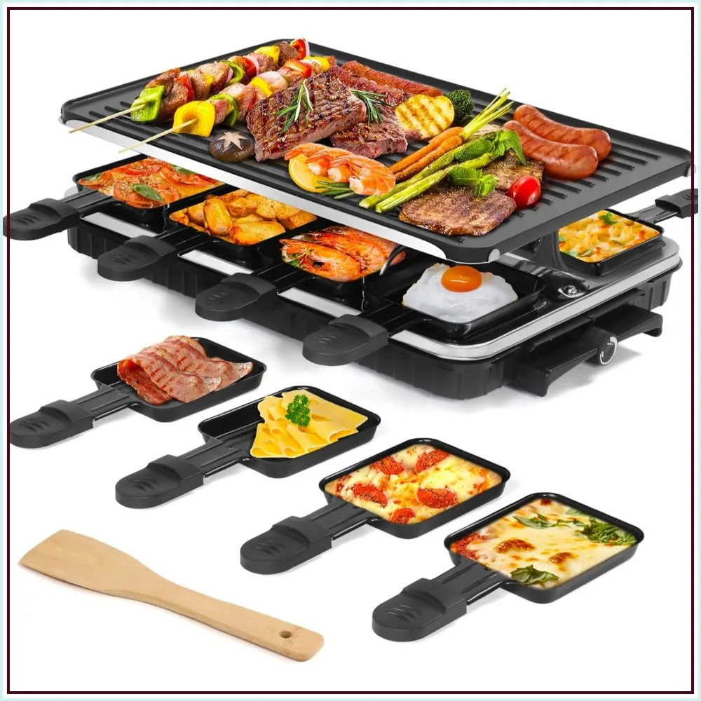

2 in 1 Raclette Table Grill & Electric Griddle Nonstick with 8 Pans, Adjustable Temperature 1300W for Family Party