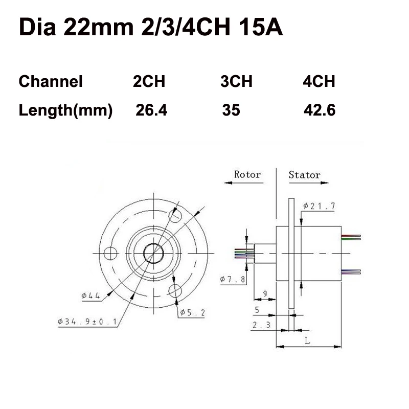 Bague collectrice VELd'énergie éolienne, joint de transmission de données à rotation illimitée, courant élevé, diamètre 22mm, 3 CH, 4 CH, 5CH, 15A, 1PC