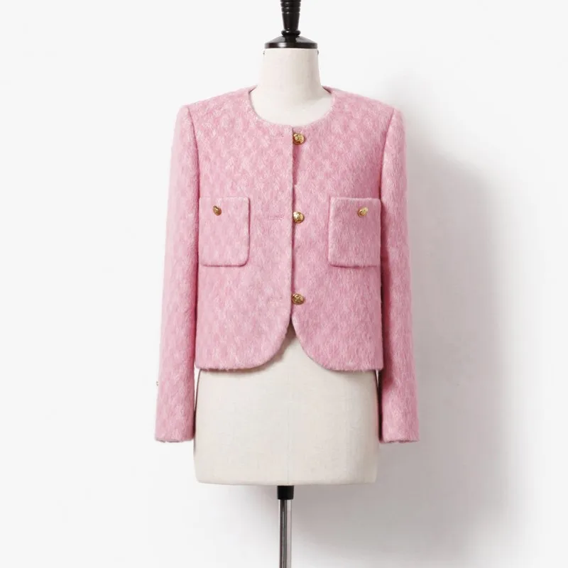 Casaco clássico de lã Tweed feminino, top elegante e elegante, rosa, outono, inverno