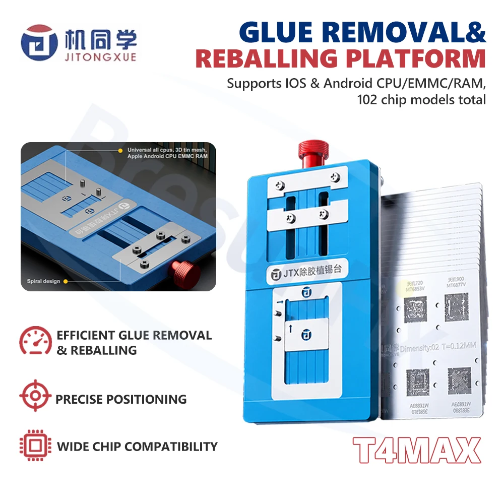 JTX T4MAX Glue Removal & Reballing Platform Supports IP Android CPU/EMMC/RAM 102 Chip Models Total Glue Removal&Reballing Tools