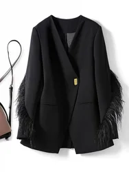 Woman Vintage V-collar Feather Tassel Stitching Blazer Coat Black Loose Suit Jacket Female Long Sleeve Fur Patchwork Outerwear