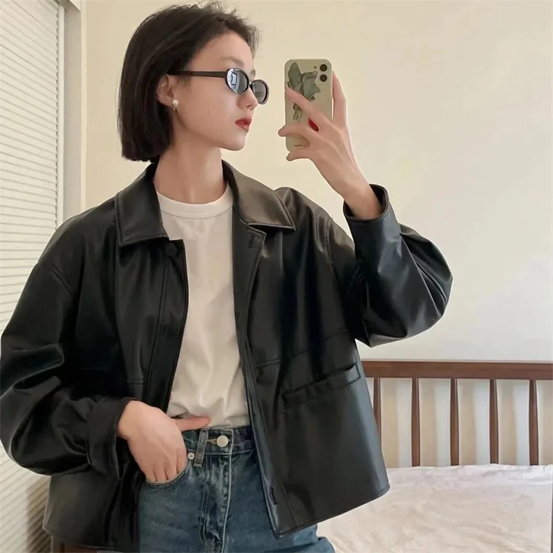 2025 frauen Mode Kurze Leder Mantel Retro Damen Lange Ärmel Faux Leder Outwear Frühling Weibliche Freizeit PU Leder Jacke ﻿