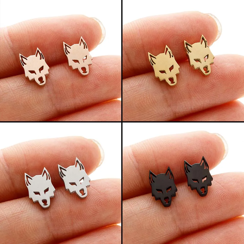 Stainless Steel Vicious Wolf Head Earrings For Women Man Mini Animal Pendientes Tiny Ear Piercing  Earring Accessory Wholesale