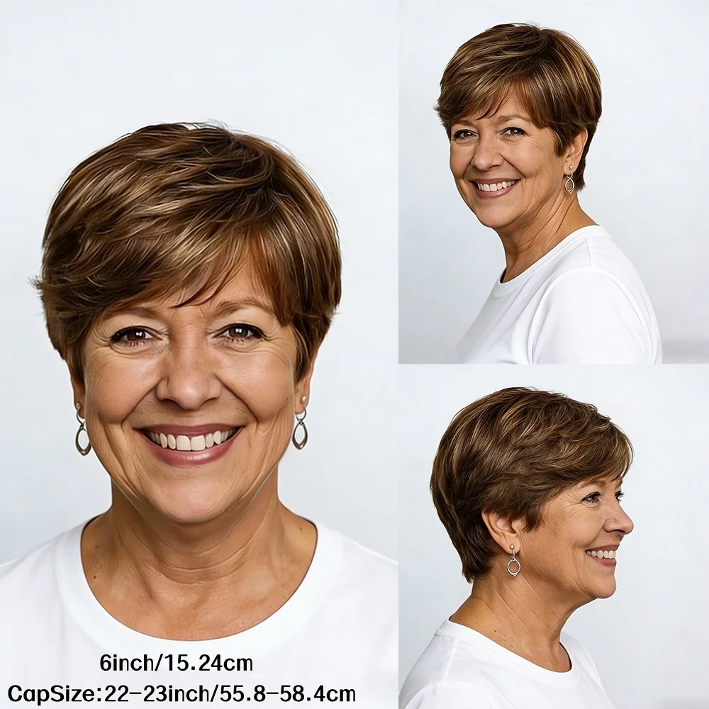 4/27 Highlights Kurze Pixie-Schnitt-Perücke mit Pony, maschinell hergestellte Perücken für Frauen, gerade, brasilianische Echthaar-Layered-Perücken