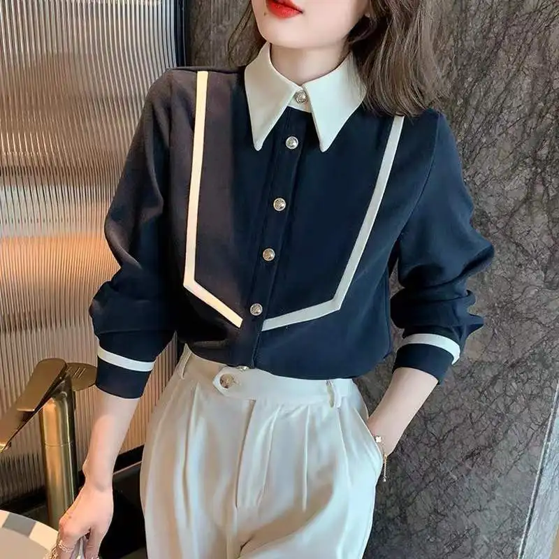 2024 Spring Autumn New Corduroy Retro POLO Collar Long Sleeve Shirt Women\'s Fashion Color Blocked Aging Temperament Top Trendy