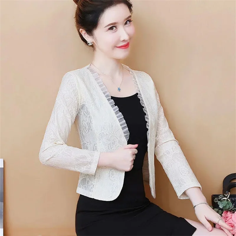 Spring Summer Lace Small Suit Jacket Women With Cheongsam Skirt With Suspenders Cardigan With Shawl Short Suit Jacket Thin Tops