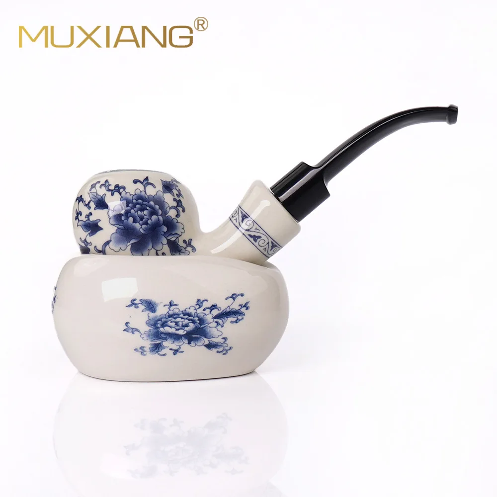 Classic Pottery Antique Ceramic Pipe Ceramic Clay China Pipe 9MM filter Bent Smoking Pipe Double-layer Blue and White pipe