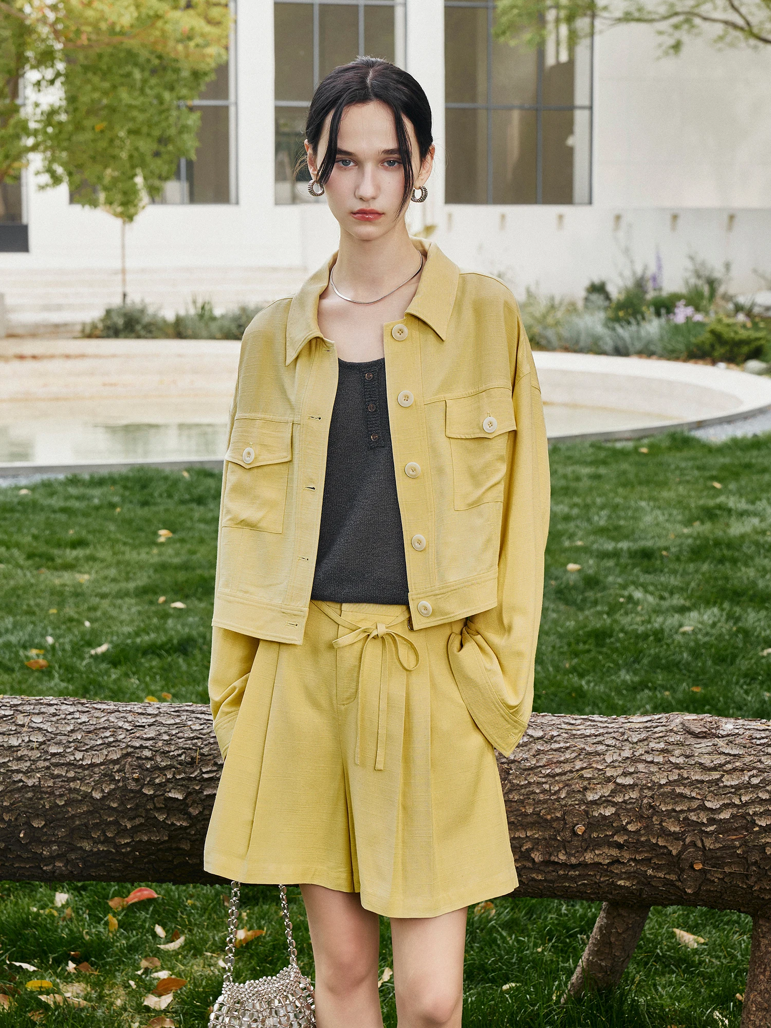 

CLMX Natural Texture Linen Viscose Blend Fabric Workwear Style Patch Pocket Short Box Jacket Waist Belt Short Pants Set