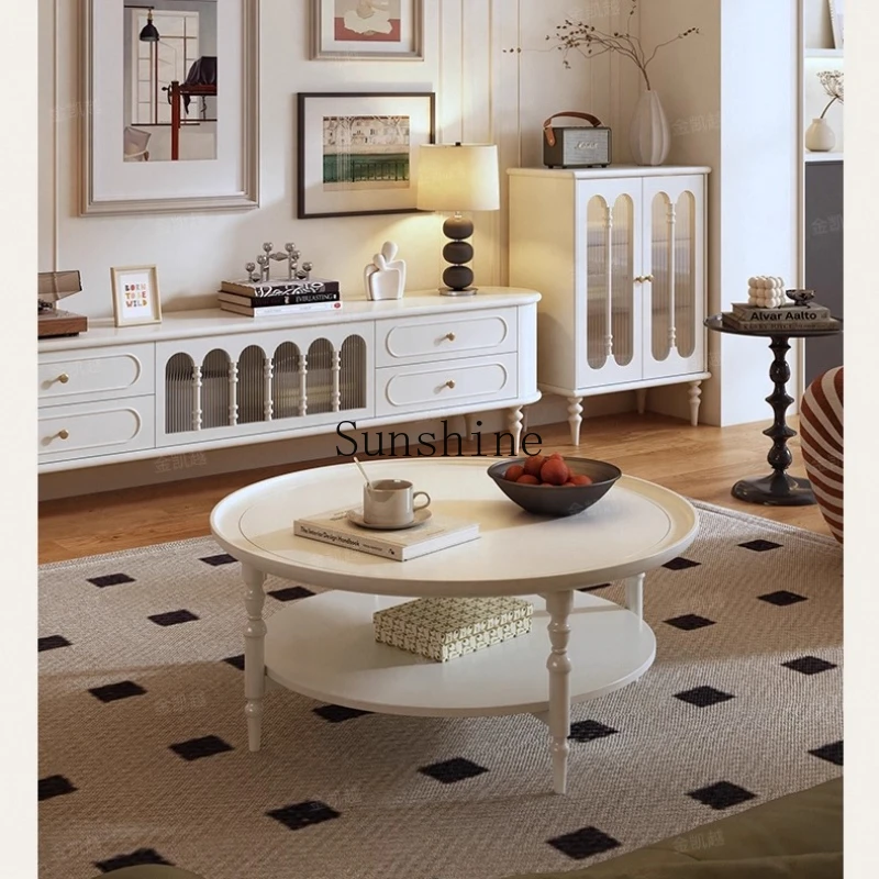 

French solid wood round coffee table living room household small apartment double-layer white low tea table