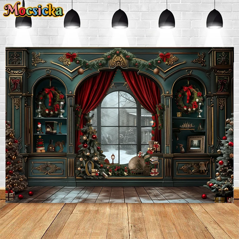 Mocsicka Christmas Room Backdrop Photography Santa Toy Window Wreath Winter Wooden Floor Kids Portrait Background Photo Studio