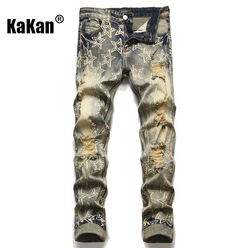 

Kakan - New Tight Cotton Bomb Watermark Star Vintage Jeans for Men, Perforated Small Foot Long Jeans K018-3094