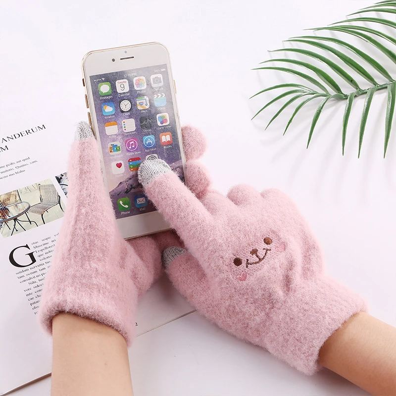 Cute Warm Gloves Women Girls Winter Fluffy Knitted Fingerless Gloves Wool Touchscreen Phone Full Finger Mittens