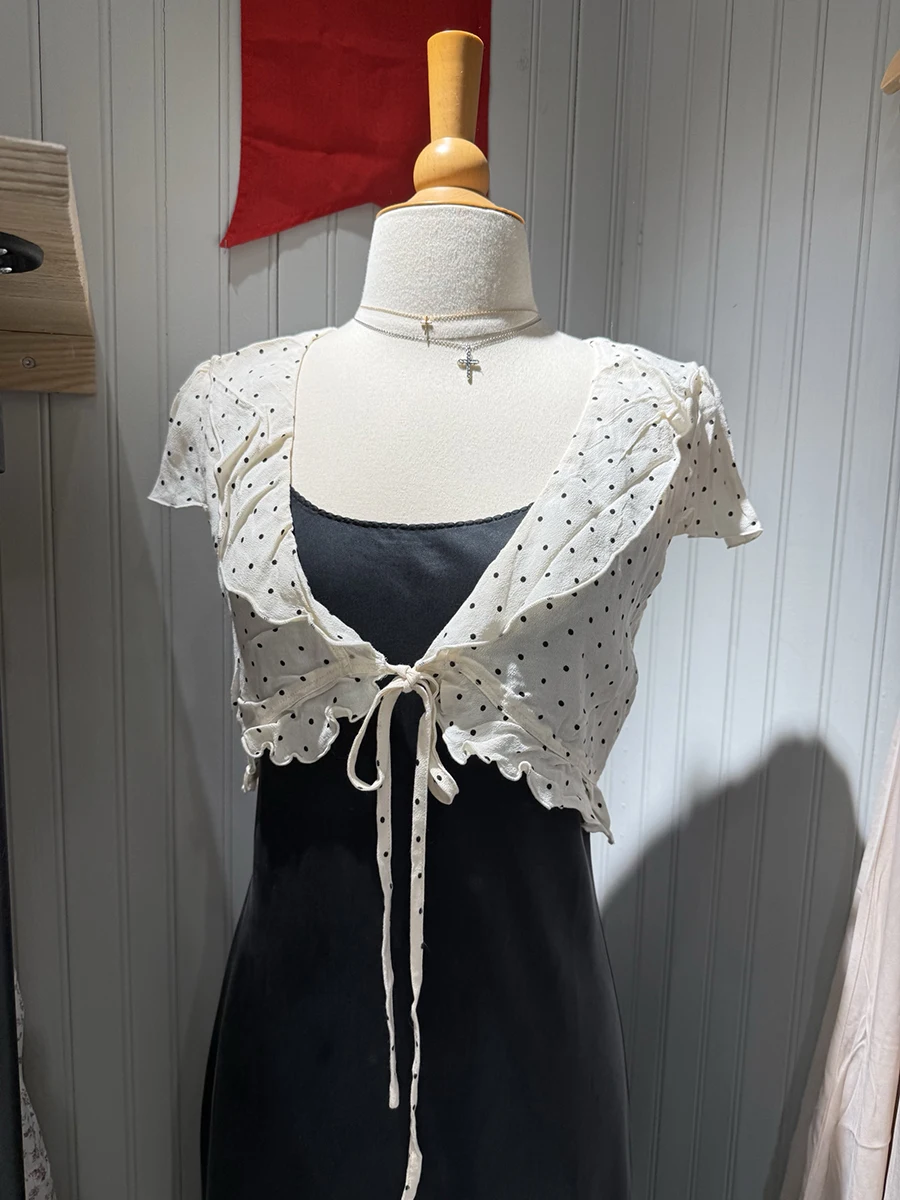 Polka Dot Ruffles Super-Short T-shirt Woman Summer Lace-up V-neck Short Sleeve Cropped Smock Tops Chic Sweet Cute Slim Crop Top