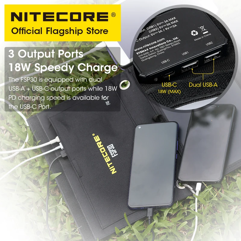 NITECORE FSP30 30W Portable Solar Panel Waterproof Small Solar Cell USB-C PD 18W Fast Charger for Phone Camping Hiking Riding