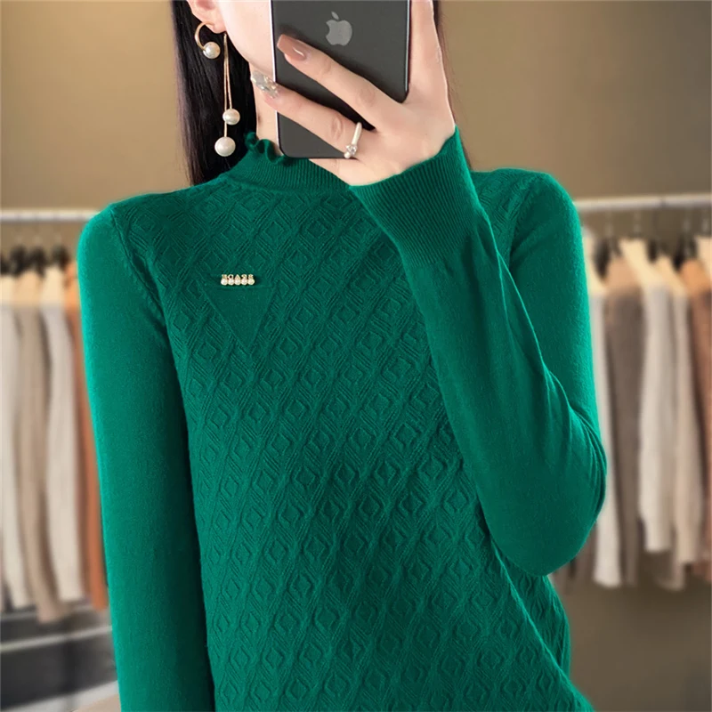 

Women's boutique semi high neck sweater autumn and winter knitted cashmere sweater Women's solid color pullover long sleeved top