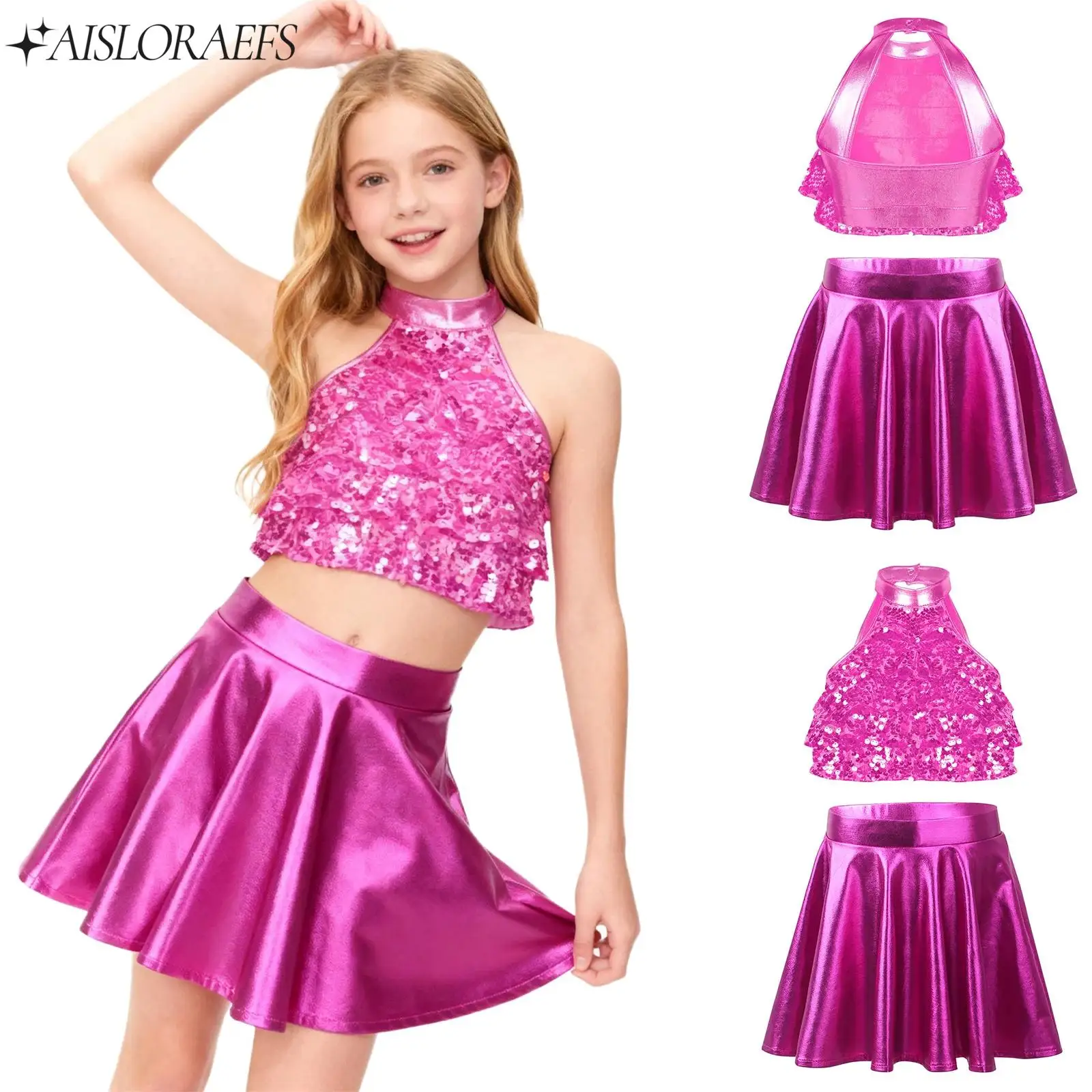 

Kids Jazz Hip-Hop Dance Outfit for Girl Teen Cheerleading Dance Performance Costume Sleeveless Sequin Crop Top+Skirt 2-piece Set