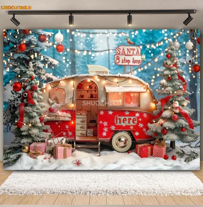 Sfondo fotografico per camion di Natale Albero di Natale Foresta invernale Neve Canna di zucchero Regali Ritratto per bambini Sfondo fotografico per feste in famiglia