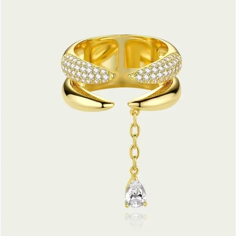 2025 Fashion New Inlaid 5A Cubic Zirconia Double-Layered Opening Adjustable Female Drop-Shaped Shiny Zircon Ring Jewelry