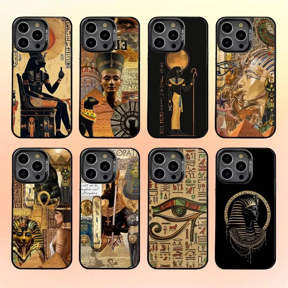 

Egyptian Pharaoh Mural Phone Case For iPhone16 15 14 13 12 Pro Max Grey Black Matte Laser Metallic Aurora Funda