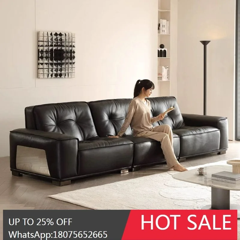 SGF Italian Minimalist Black Diamond Genuine Leather Sofa Straight Black Sofa