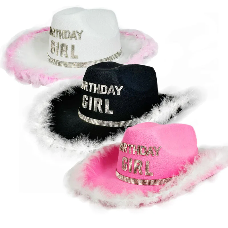 

New Birthday Girls Pink Raw Edge Furry Cowboy Hat White black Birthday crown Party Top hats Cute festival stage performance caps