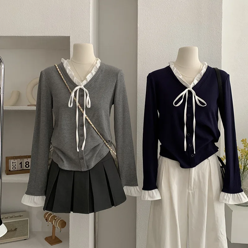 

Women's V-neck color blocking Lace collar long sleeves self-cultivation innerwear base layer T-shirt Ethereal casual fashionable