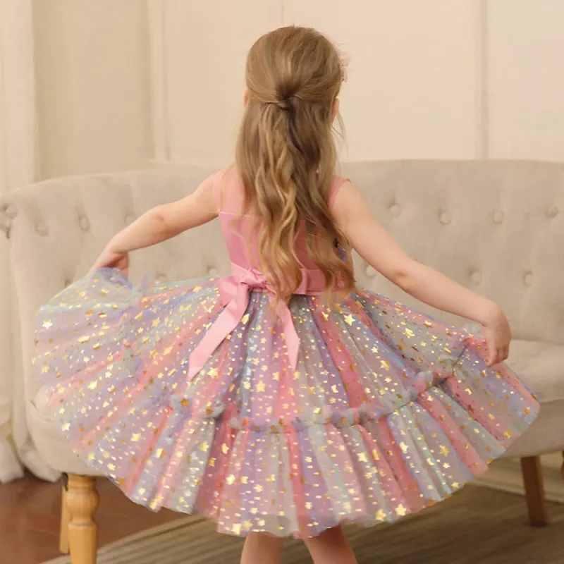 Fashion Bow Girls Sequin Dress Lace Mesh Sleeveless Flower Girl Dresses for Weddings Summer Girls Party Dress 1-8 Years
