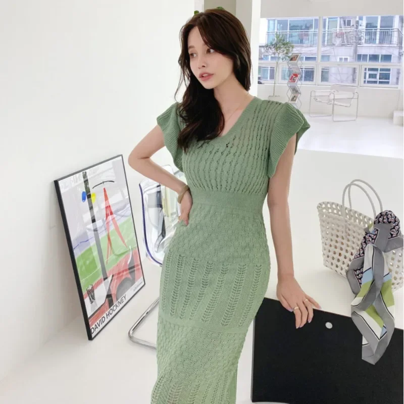 French Gentle V-neck Slim Knit Dress Sling Two-piece Slim Fit Vestidos Female 2024 Summer Korea Chic Bodycon Long Skirt Women