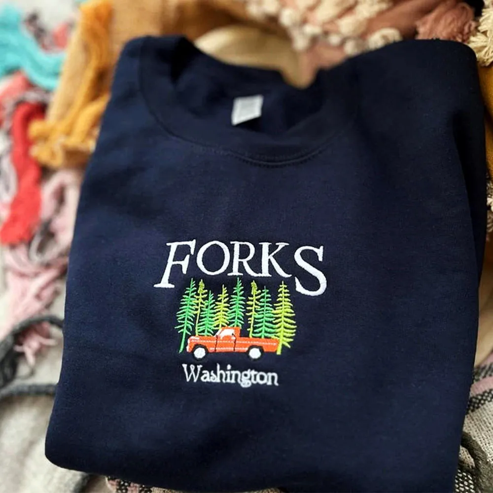 Forks Washington Vintage Style Embroidered Sweatshirts Unisex Autumn Loose Cotton Thick Warm Tops 80s 90s Casual Pullover