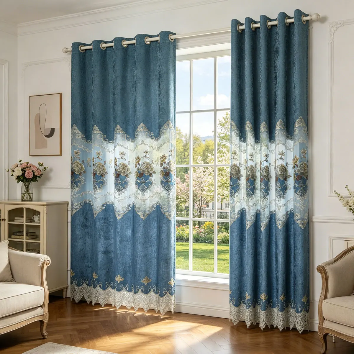 2pcs Blue Chenille Embroidered Curtains, Grommet Floral Lace Spliced Drapes, European Living Bedroom Blackout Window Curtains