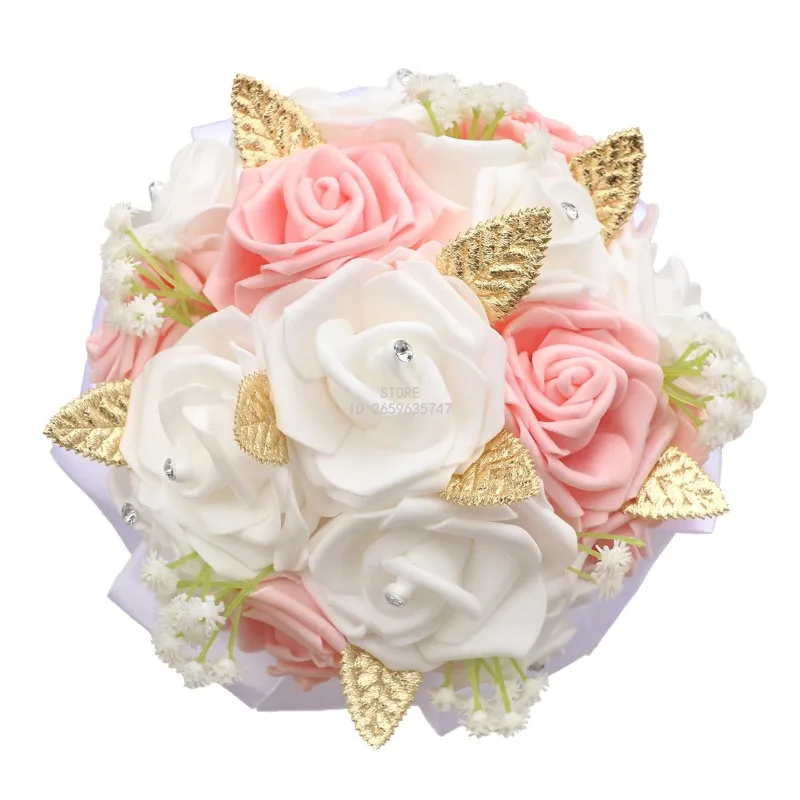 European  American Romantic Pink Bride Bridesmaid Wedding Bouquet, Gold Leaf Point Diamond Simulation PE Foam Rose Bouquet