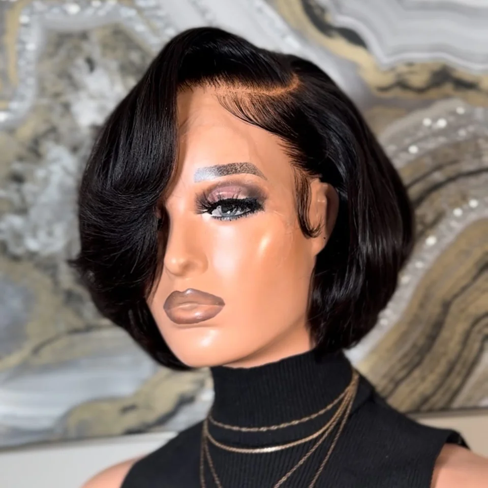 

12inch Short Layered Bob Drawstring Wig Straight Bob Human Hair With Side Swept Bangs 13x6x1 Lace Wigs Natural Black Human Hair