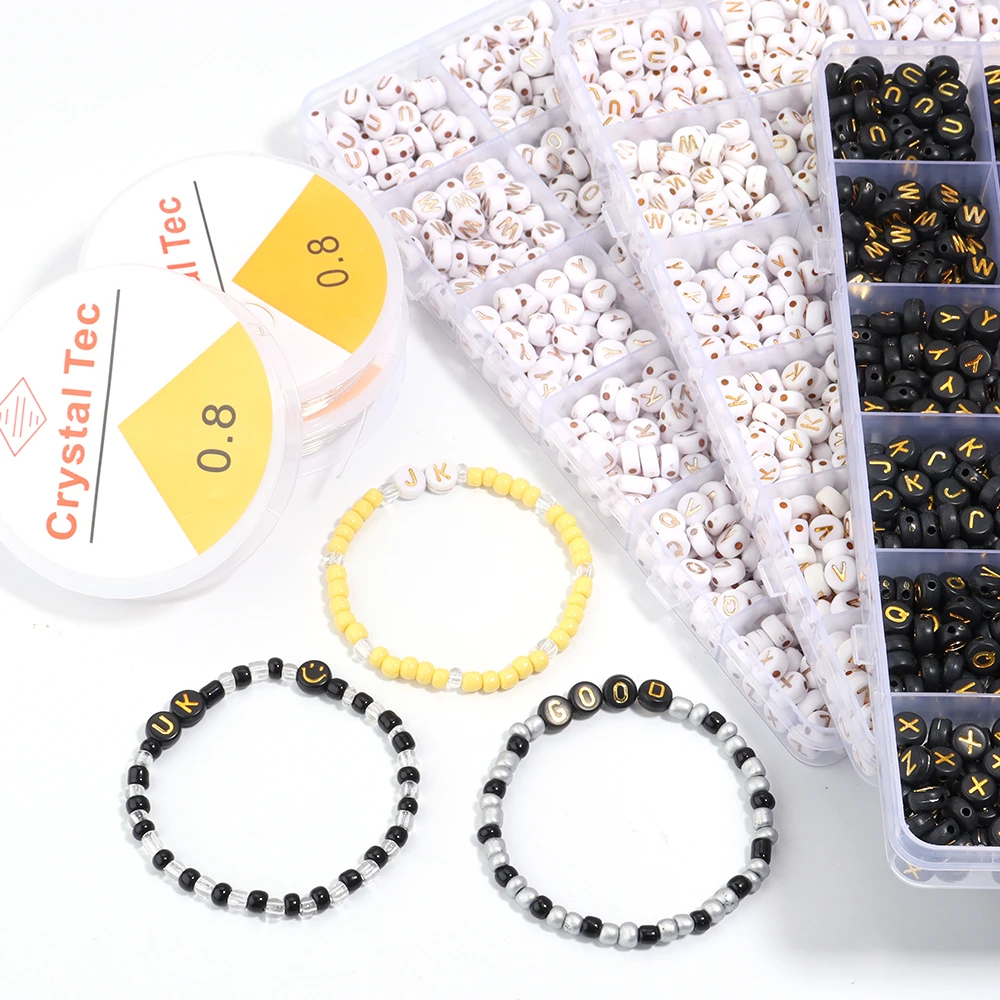 1200 قطعة/صندوق الاكريليك إلكتروني الخرز مجموعة الإنجليزية الأبجدية شقة الخرز المستديرة أطقم مع حبل مرن DIY بها بنفسك صنع المجوهرات سوار #4