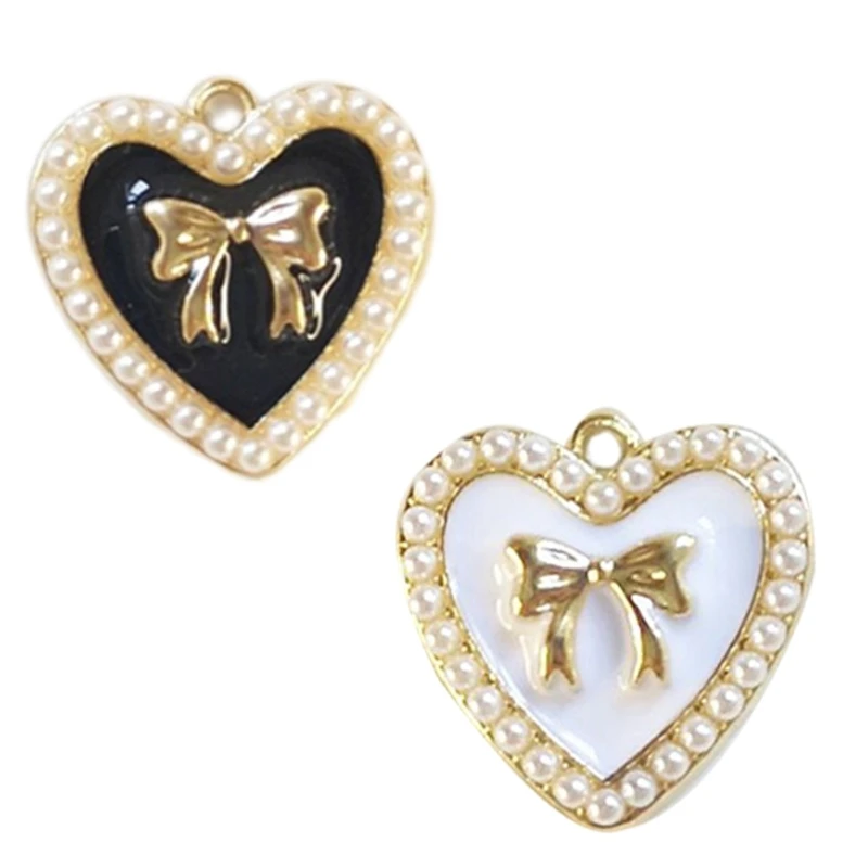 Pack of 20 Elegant Enamel Heart and Pearls Bowknot Pendants Necklace Charm for Jewelry Designing and Hand-Making