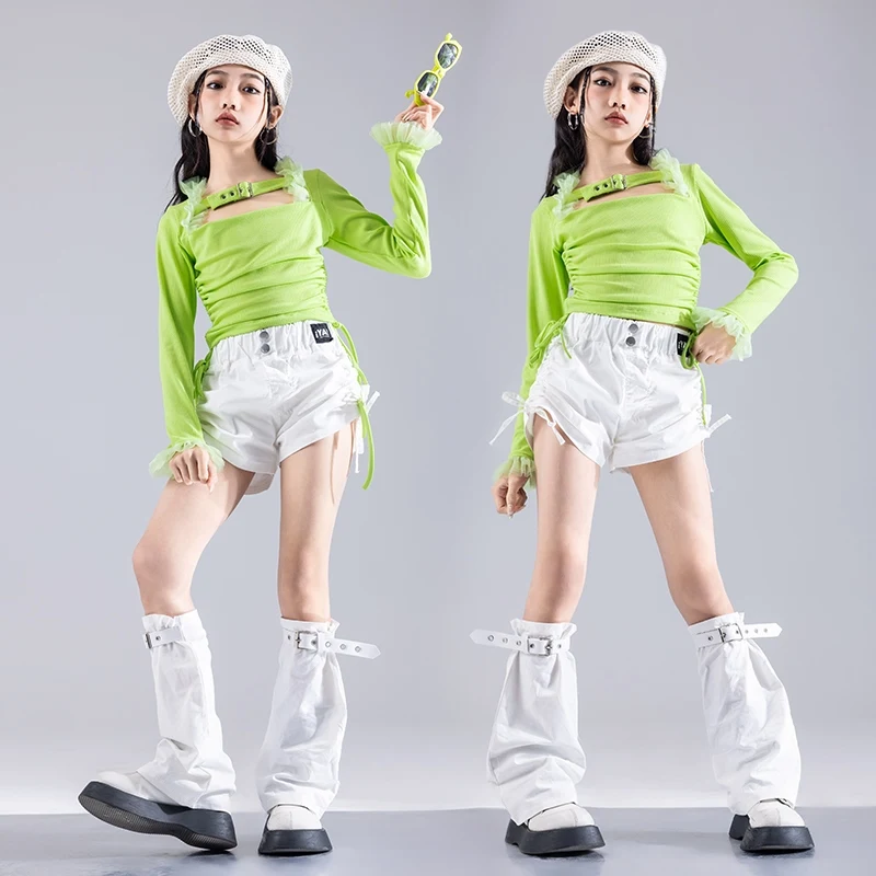 Nieuwe Street Dance Meisjes Groep Kleding Jazzdans Lange Mouw Trekkoord Top Shorts Pak Hiphop Outfits Schoen Kleding DQL9991