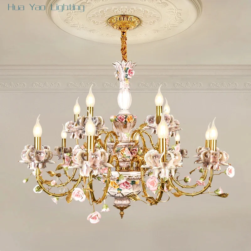 

French Pastoral Rustic Ceramic Flower Brass Pendant Light Living Dinning Room European Vintage Copper Chandelier