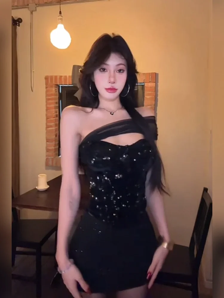 

Сексуальный комплект XZY: топ-бюстье из сетки с пайетками и юбка для пышных женщин, летний модный наряд больших размеров в корейском стиле, повседневный.