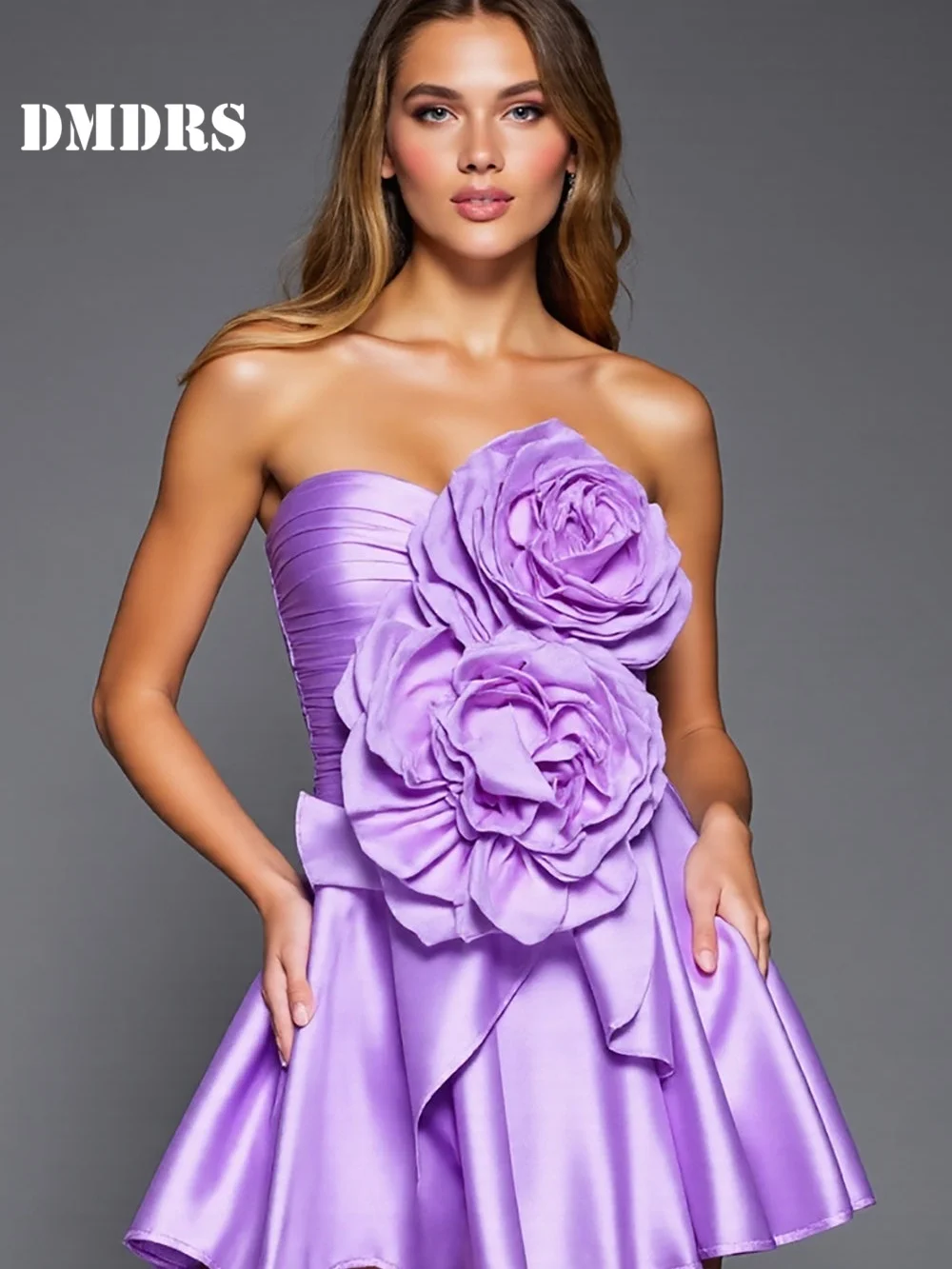 

High Quality Strapless Homecoming Dresses Romantic 3D Floral Party Dress Charming Knee-Length Evening Dress Платье На Выпускной