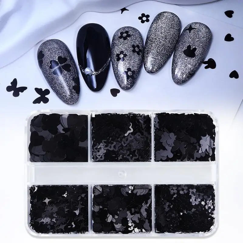 

6 Grids Black Nail Glitter - Heart-shaped Butterfly Star Mixed Decor Manicure Flakes Paillettes for DIY Stunning Sequins Nail Ar