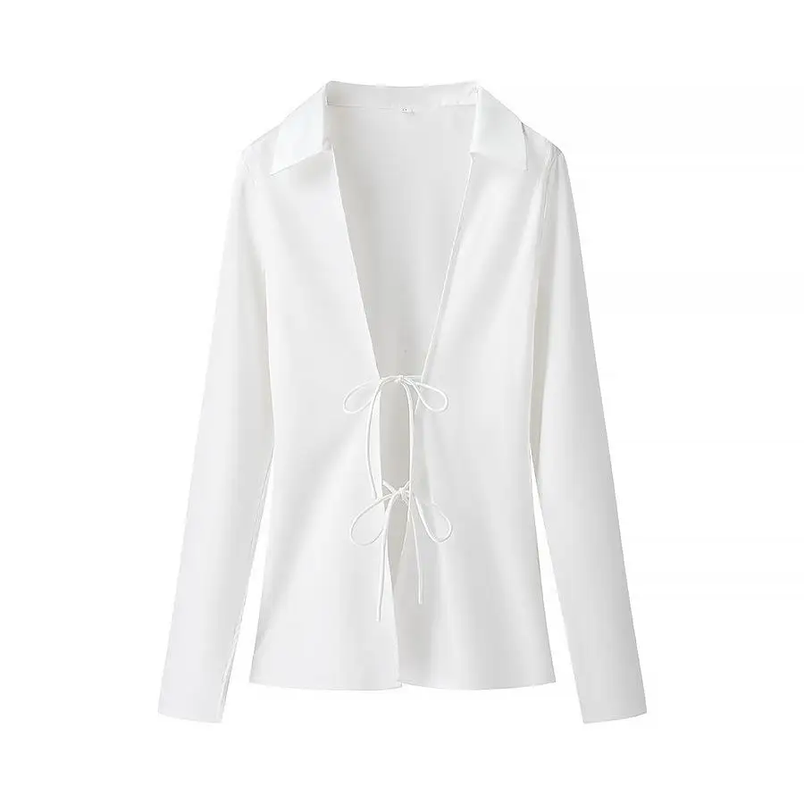 

Women's Faion Satin Lace up Long Sueve irt Top Polyester Fiber Plain Color irt for European Sle Spring Collection