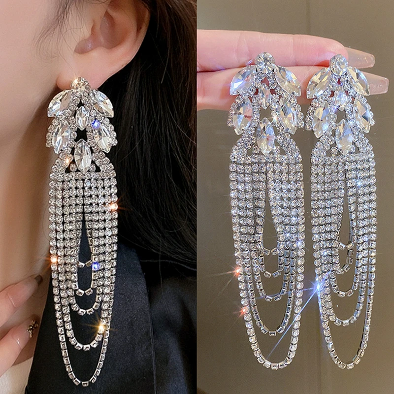 Trendy Luxury Geometric Rhinestone Crystal Drop Earrings Oversize Long Tassel Earrings for Women Statement Wedding Jewelry Gifts