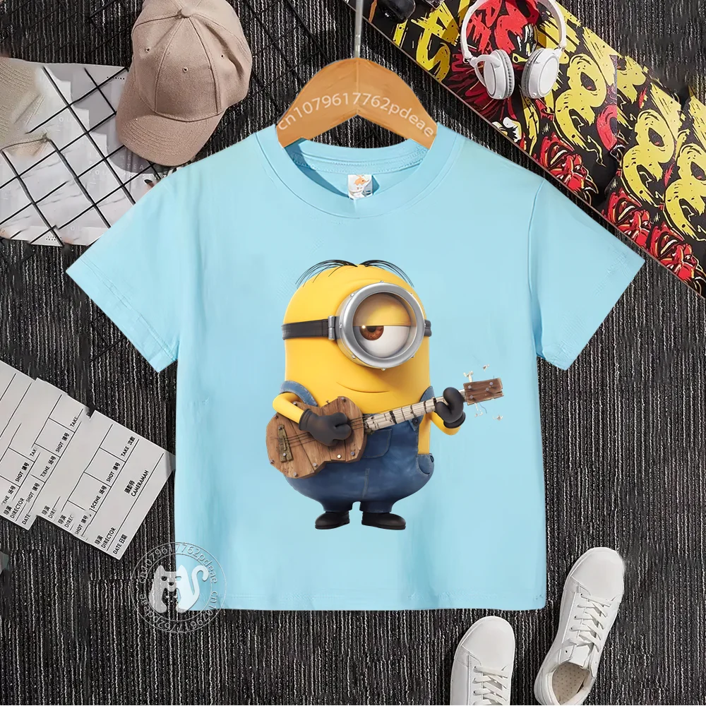 Teen Hip Hop Style 100% cotone t-shirt bambini Cartoon Minions playing guitar stampato girocollo t-shirt in cotone ragazzi ragazze manica corta