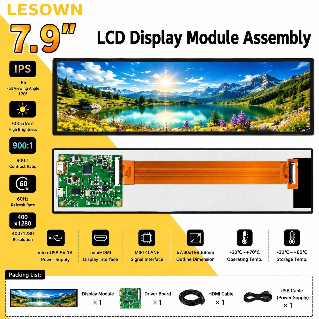 LESOWN Panel de Monitor 7.9" 400x1280 60Hz No-Setup Stretch Display with HDTV to MIPI Board