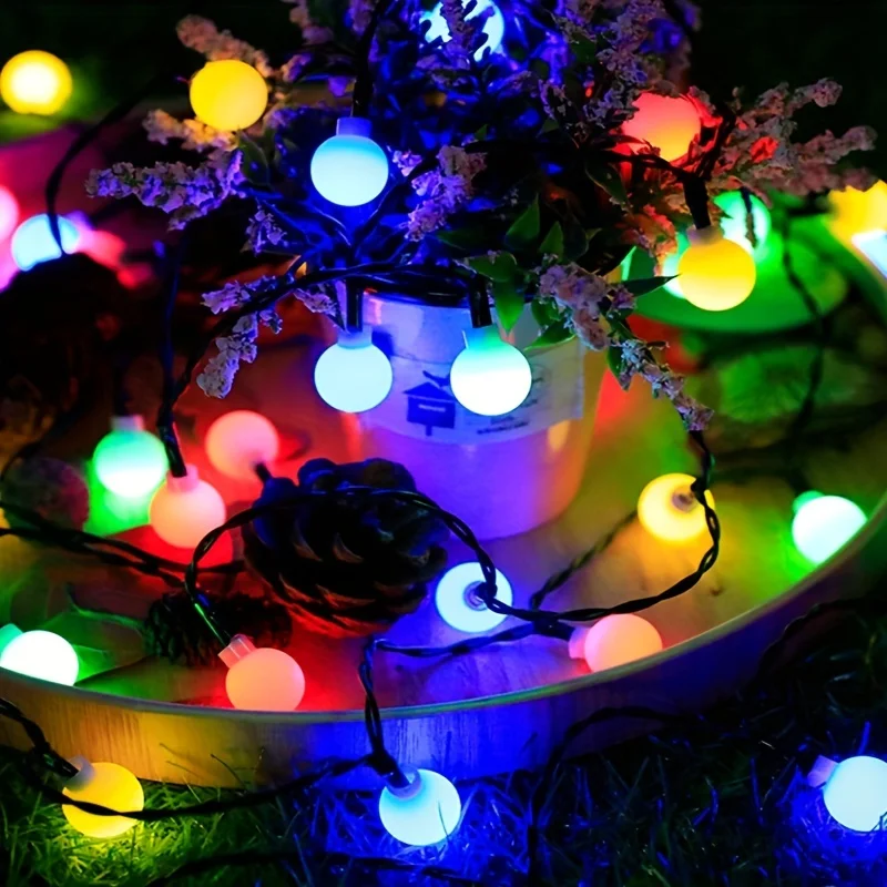 LED Solar Powered 5m 20-Light Frosted Ball String Lights Milky White round Bead Camping Decorative Lights