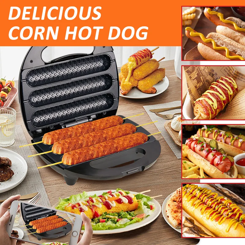 Electric Hot Dog Maker Crispy Corn Hotdog Waffle Maker Sausage Machine Breakfast Pan Baking Grill Kitchen Appliances 800W