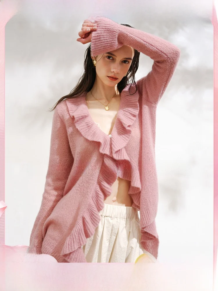 

Romantic Lace Hem Camere Knitted Open Cardigan Soft Velvet Long Sve V-Ne Women's Loose Fit Cr Puff Lightweight Spring