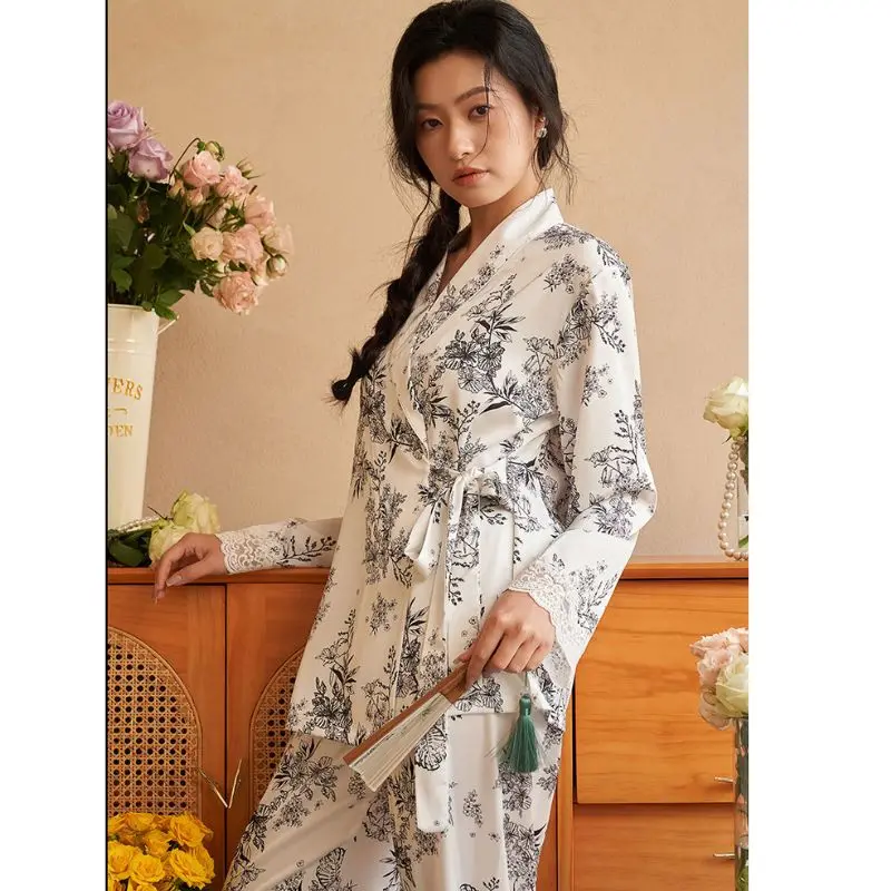 2024 Spring Autumn New Ice Silk Soft V-neck Pajamas for Women Lace Lapel Cardigan Outfits for Women 2 Piece Set Home Clothes