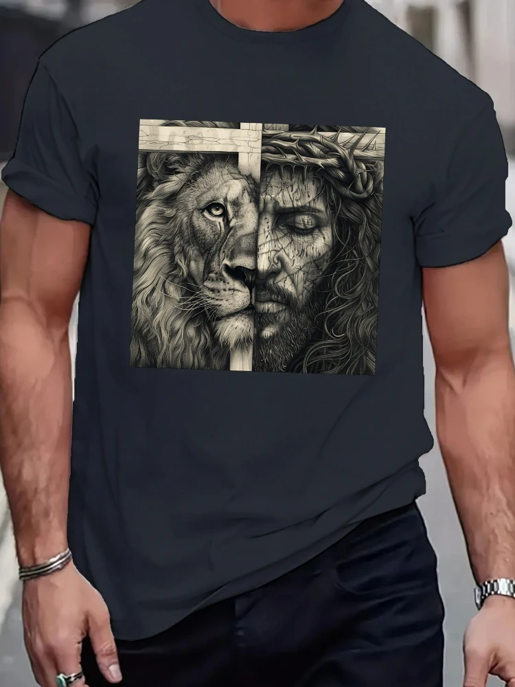 

Vibrant Lion and God Graphic design-100% cotton summer O-neck short sleeve casual printed T-shirt.