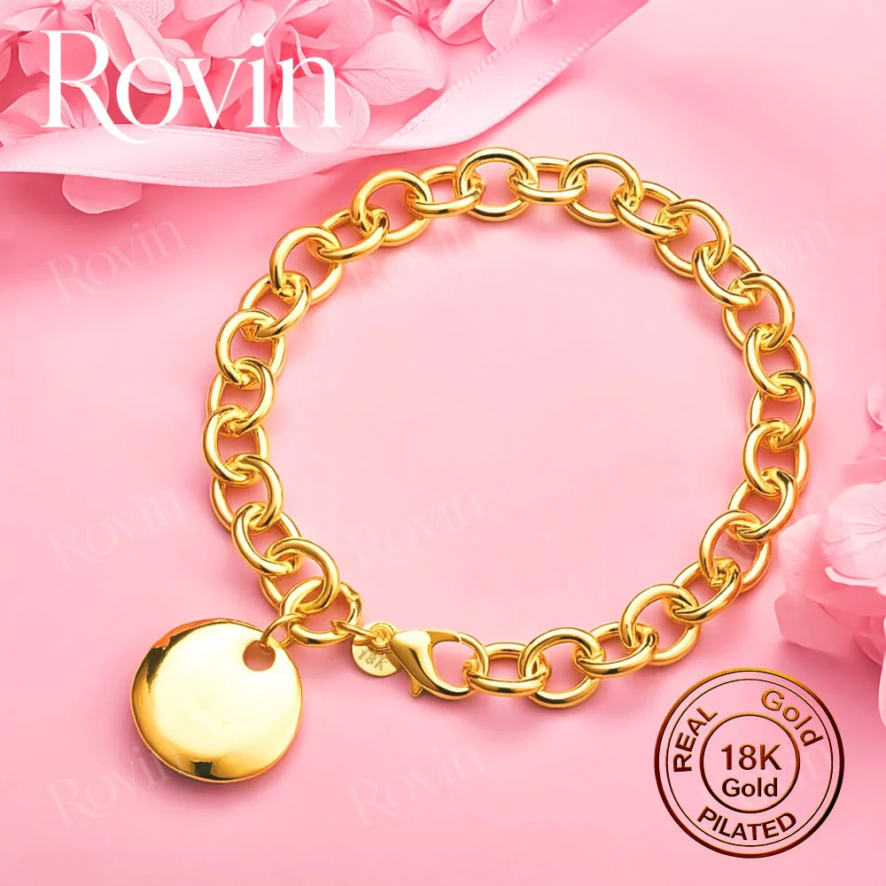 Women's 18K Gold 8-Inch Bracelet with Delicate Round Disc and Oval Links – Stylish Jewelry Gift for Weddings and Parties